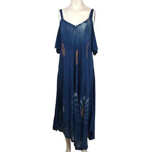 SAKKAS - WOMEN FREE SIZE  NAVY COLD SHOULDER V NECK 100% RAYON DRESS ART TO WEAR